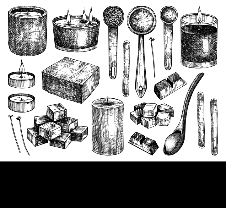 Hand-sketched aromatic candles ingredients collection. Vector illustrations of candles, wax, fragrance, color, and skewers. Natural materials for aromatherapy, hobby, handcrafts, candle making.